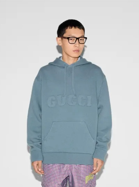 GUCCI高仿男装 | 古驰A货服装  2025早春GUCCI新款 灰蓝色刺绣羊毛针织卫衣