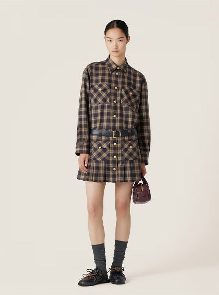 MIUMIU高仿女装 | 缪缪A货服装  2024年MIUMIU新款 驼棕色羊毛格子呢衬衫